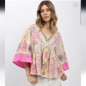 👜Oversized Embroidered Boho Cotton Linen Top Pink And Cream